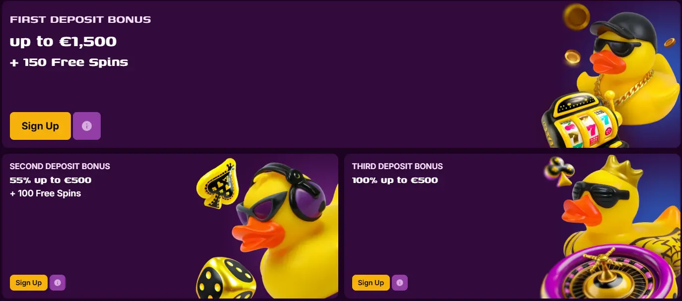 Duckysino welkomstpakket — eerste storting tot €1.500 + 150 free spins, tweede 55% tot €500 + 100 free spins, derde 100% tot €500